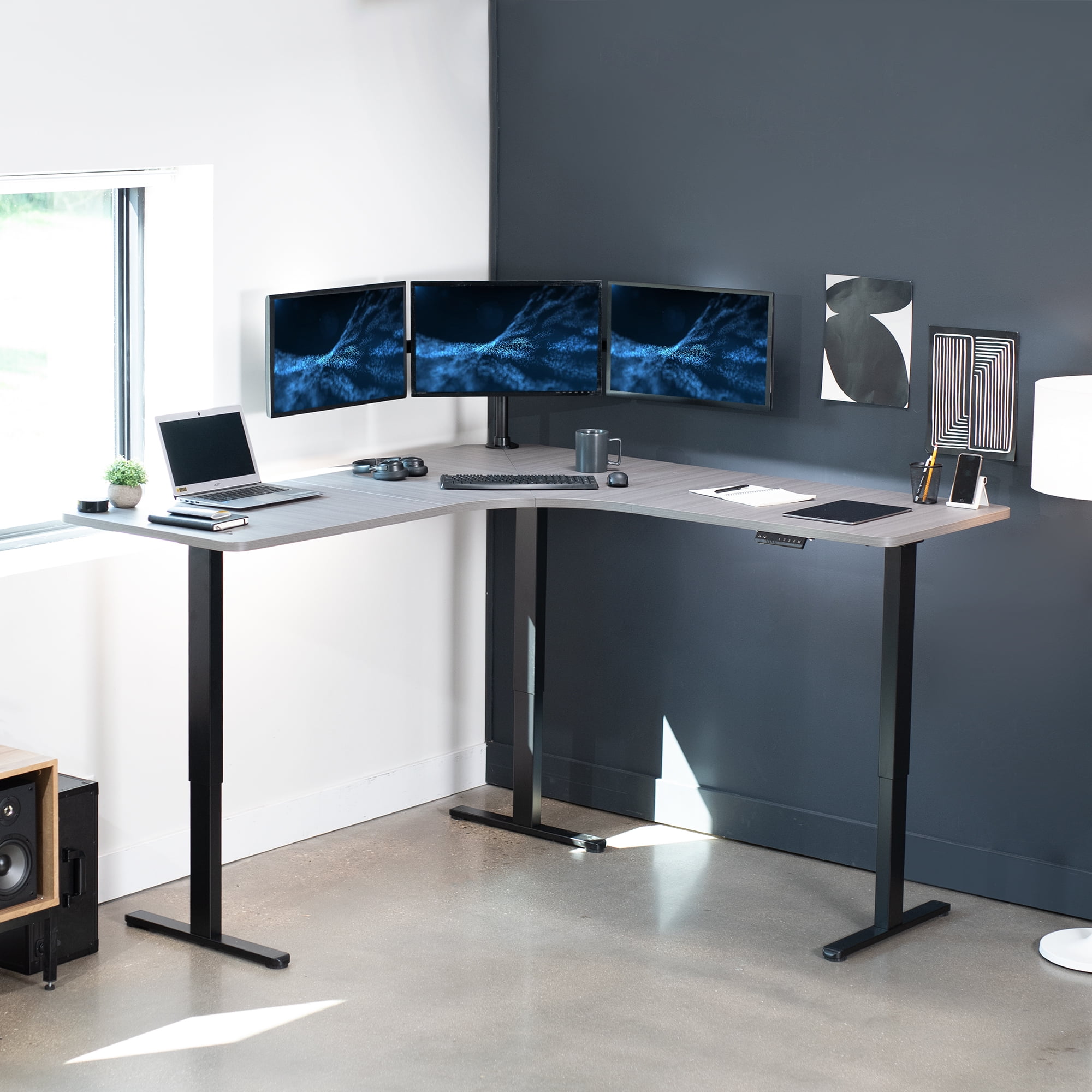 VIVO Dark Gray / Black Electric 71" x 71" Curved Corner Stand Up Desk