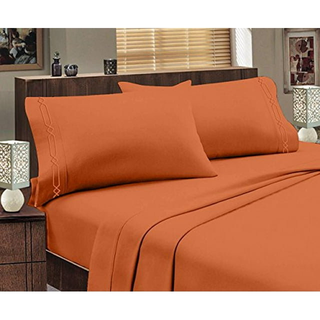 Hotel Luxurious, 1800 Series Super Soft Embroidery 4 PC Sheet Set (Full, Orange)