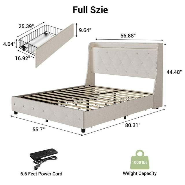 EDTara Bed Frame with 4 Storage Drawers, Full Size Bed Frame with Headboard and Storage, Platform Bed Frame with Charging Station & Wingback, No Box Spring Needed, Noise-Free