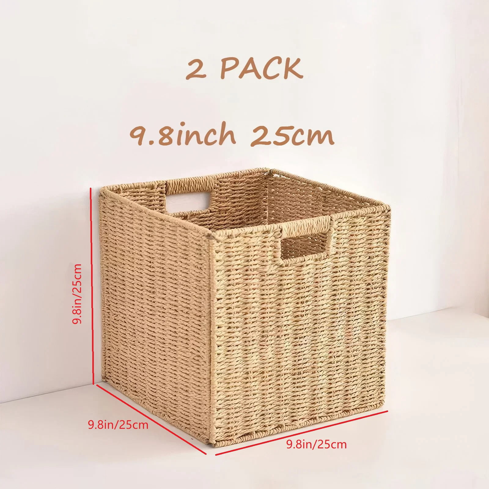 9.8 inch Set of 2 Wicker Basket, Woven Storage Baskets for Shelves with Handles Foldable Cube Storage Baskets Bins