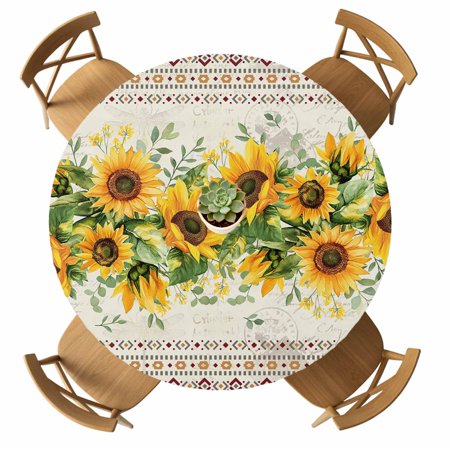 Round Fitted Tablecloth with Elastic Sunflower Tablecloths Waterproof Oil Proof Leaves Farmhouse Flowers Brown Table Cover for Kitchen Dinner Holiday Party Picnic Fits Tables up to 36 - 44 Diameter