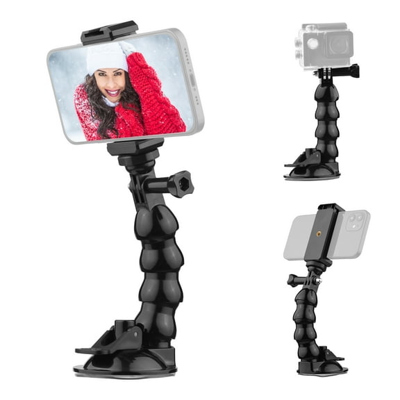 Suction 16cm/6.3in Flexible Suction Cup Mount Windshield Suction Cup Phone Mount 360Rotatable 1/4 Inch Screw Connector With Phone Holder For Smartphone Sports Camera