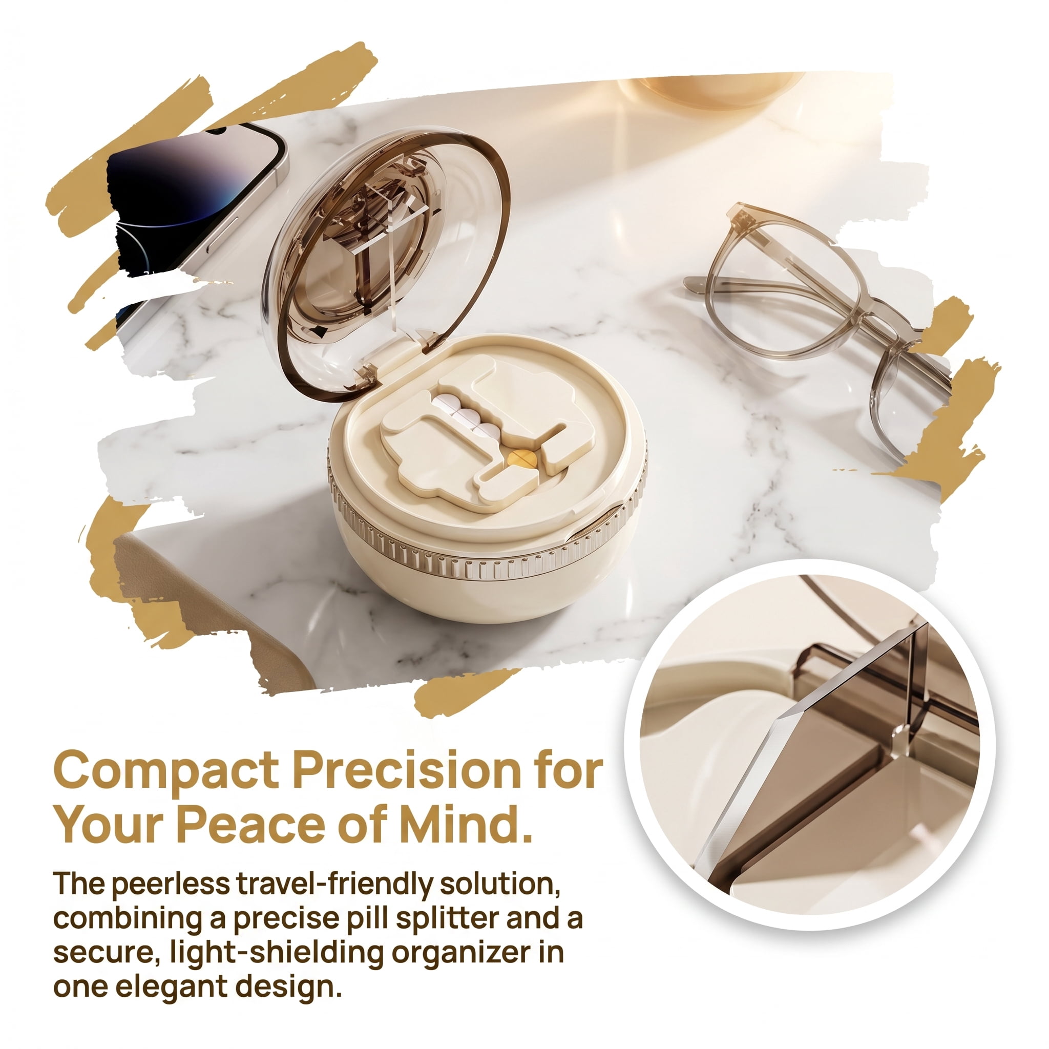 2-in-1 Compact Pill Cutter and Organizer Box, 6.4x4.6cm Light-Shielding Medicine Splitter with Moisture-Proof Seal for Travel and Daily Wellness