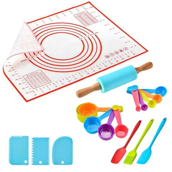 19-Piece Baking Set, Food-Grade Silicone Kids Baking Tools with Scale Mat & Dough Guides, Educational Kitchen Kit for Kids Baking Learning & Birthday Gifts