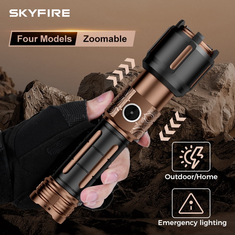 SKYFIRE New Model Flashlight - High Brightness - Rechargeable - Outdoor Flashlight - Extremely Bright, with six modes, equipped with a focusing lens, suitable for camping and outdoor activities