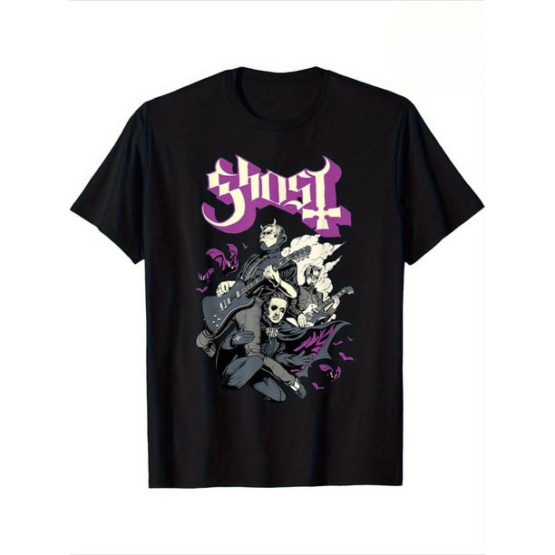 Halloween T-shirt - Ghost And Bats And Band T-Shirts, 100% Cotton, Machine Washable, Men'S And Women'S T-Shirts, Halloween Gifts for Men'S And Women'S Mom And Dad Friends, S-XXXL, Black, for Hallowee