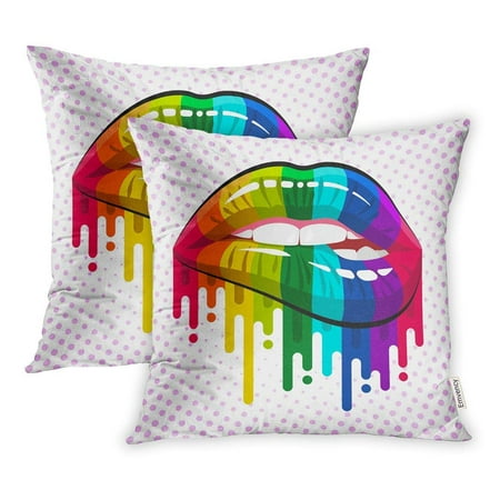 ARHOME Red Young Open Mouth Rainbow Color Paint Flow Lips Biting Beautiful Beauty Pillowcase Cushion Cases 16x16 inch Set of