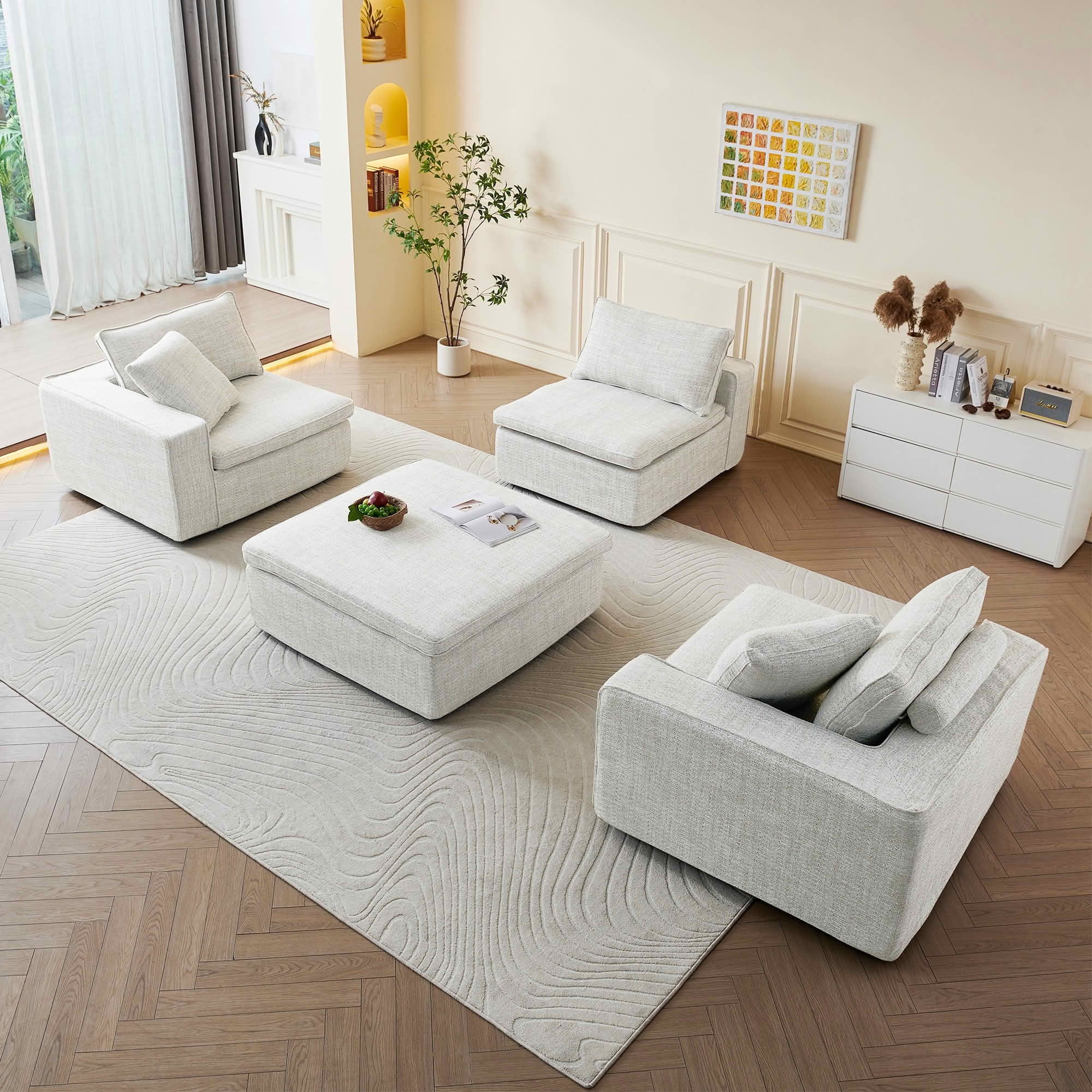 MAYEERTY 131in 4-Seater Cloud Couch with Ottoman, Washable Linen Cover, Pocket Springs & Compressed Delivery，White