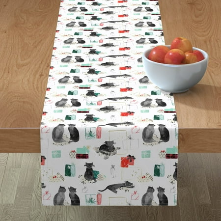 

Cotton Sateen Table Runner 90 - Cat Christmas Presents Holiday Animal Vintage Cats Red Green Lover Print Custom Table Linens by Spoonflower