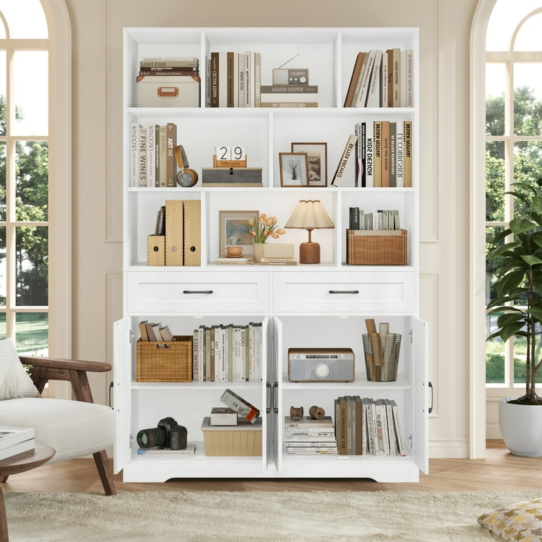 VDNEND Tall Bookshelf With Doors - 4 Tier Open Shelf & 2 Door Cabinet, 62.4 Inch Height, Modern Storage For Home Office Living Room