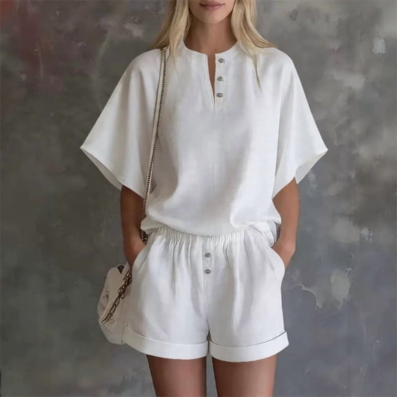 Morttic Women's Solid Color 2 Piece Set – Stand Collar Half Button Batwing Top & High Waist Rolled Shorts with Pockets White,S