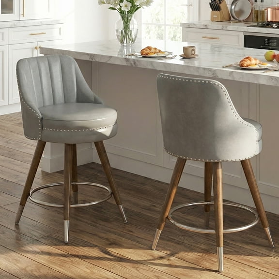 HomeZeer Swivel Bar Stools Set of 2, Counter Height Bar Stools with Back, Leather Swivel Counter Stools with Wood Legs and Footrest, Upholstered Bar Stools Chairs for Kitchen Island, Grey