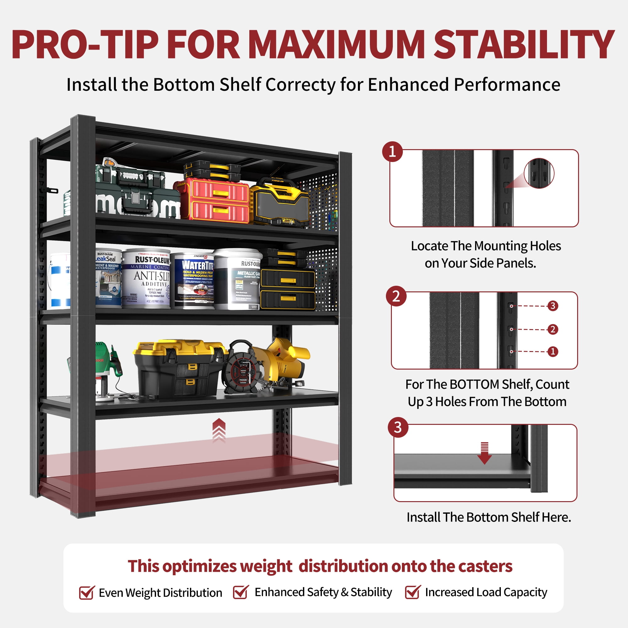 Alvantor 5 Tier Storage Shelves, Metal Storage Shelving with Pegboard & Adjustable Shelf for Garage Basement, 47.2"W*23.6"D*72"H Black