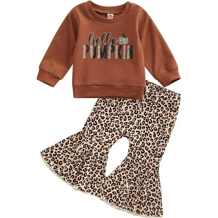 

PIKADINGNIS 0-4T Kids Toddler Baby Girls Halloween Clothes Letter Print Long Sleeve Sweatshirt Leopard Bell Bottom Long Pants Set