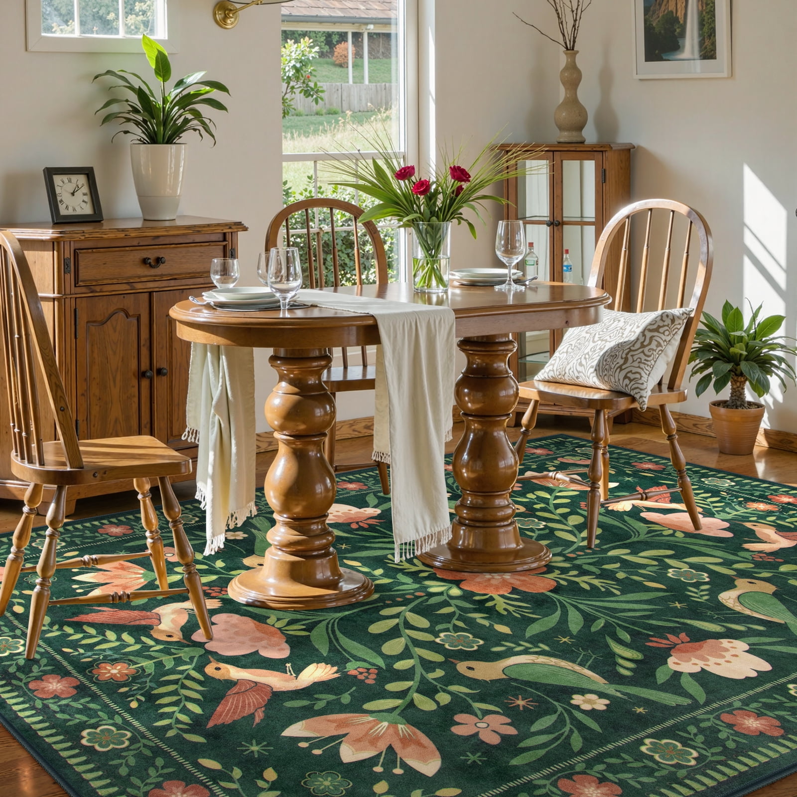 Lahome Decor 6'x9' Boho Bird Area Rugs,Floral Rug for Living Room Machine Washable,Soft Indoor Carpet,Non-Slip Low Pile for Bedroom Dining Room Playroom Office,Green