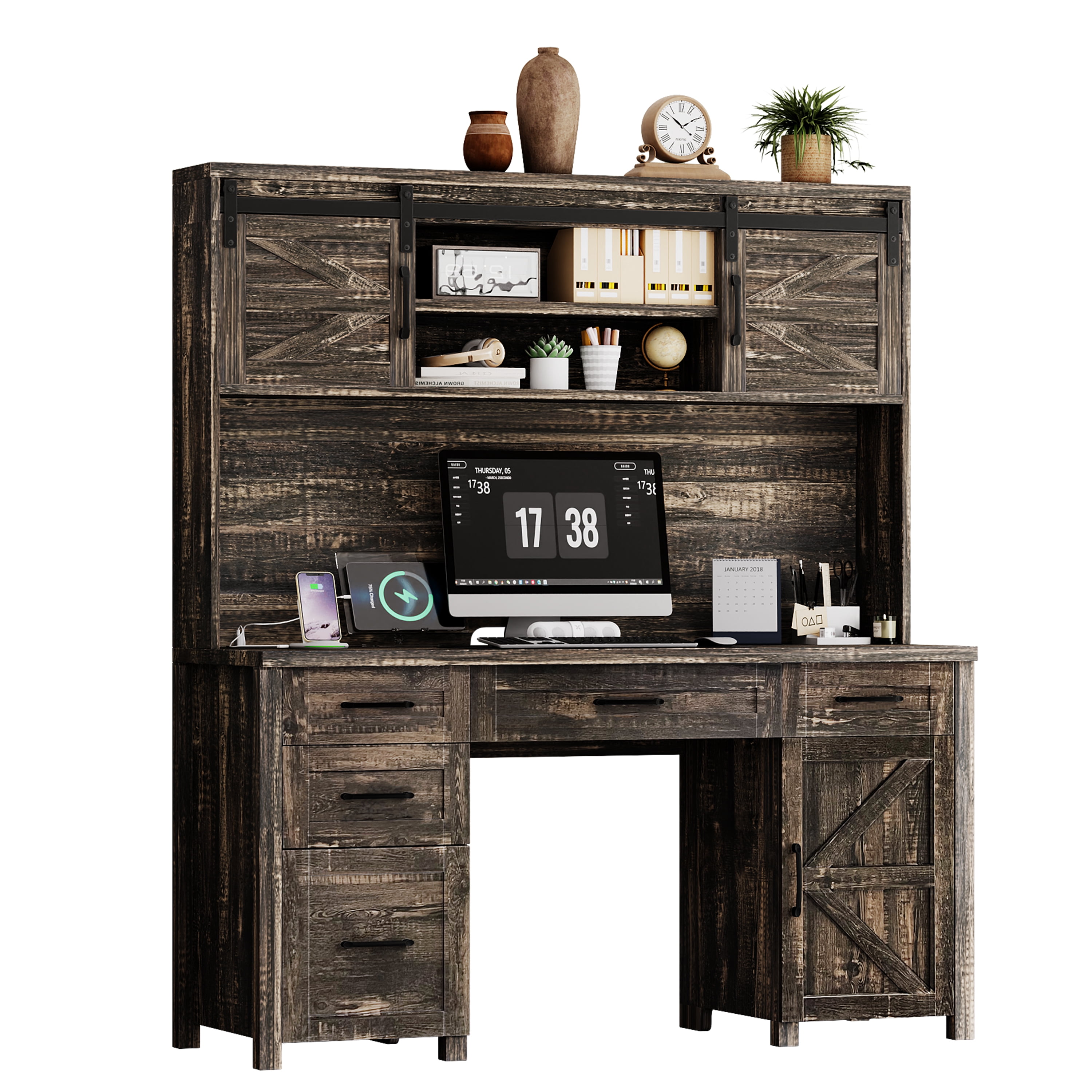 Mintazer Farmhouse Computer Desk with Storage Cabinets & Charging Station, Executive Desk with 2 Sliding Barn Doors and 5 Drawers & Adjustable Shelf for Home Office, Rustic Gray
