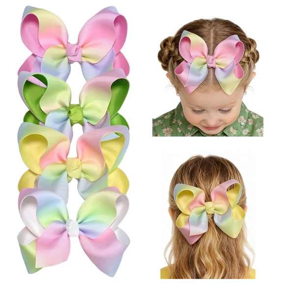 JoyBowie 4inch 5.5 Inch Large Rainbow Satin Hair Bow, Hair Clip for Girls 3-12 Years for School Party Daily Hairstyles
