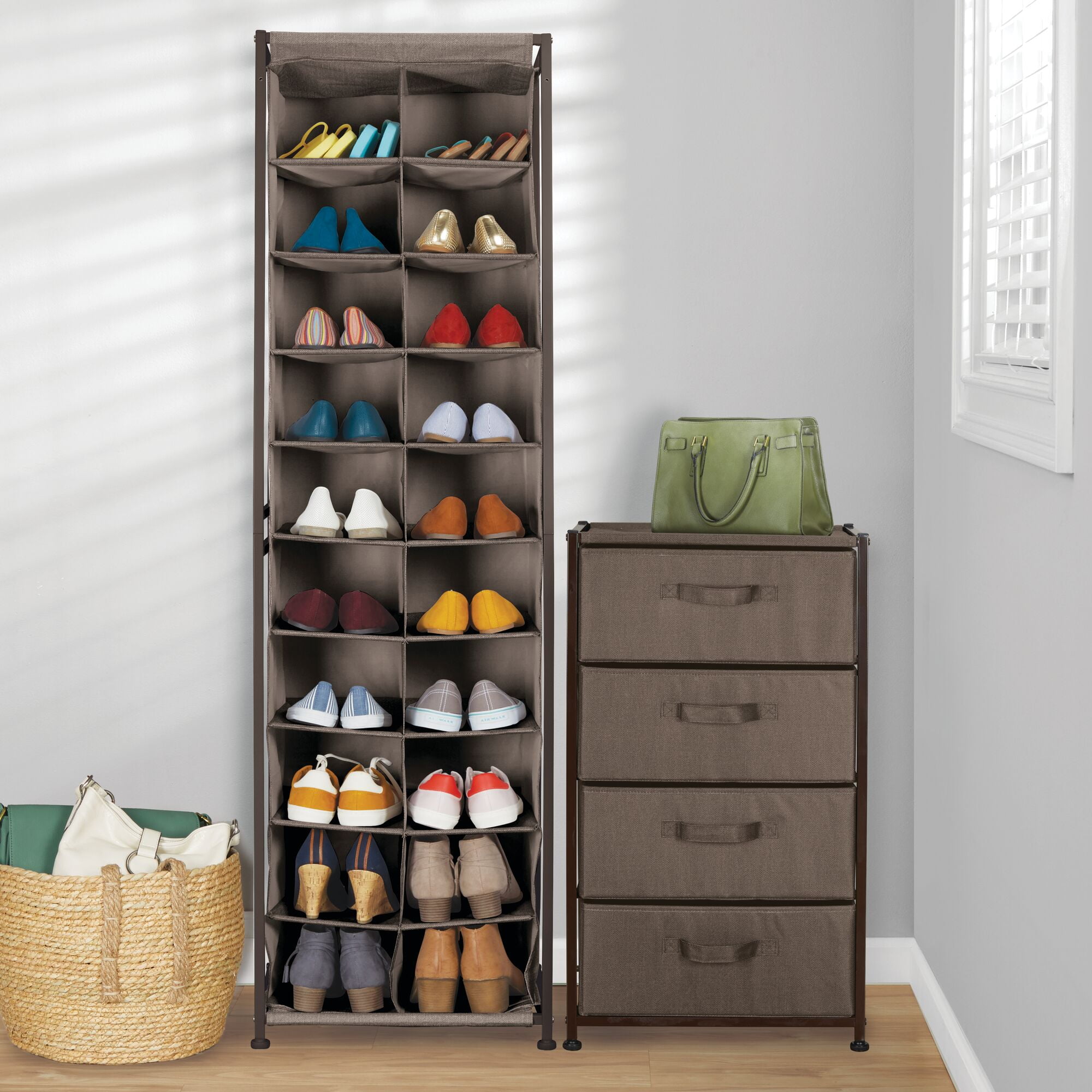 mDesign Vertical Fabric and Metal Standing Shoe Tower Rack