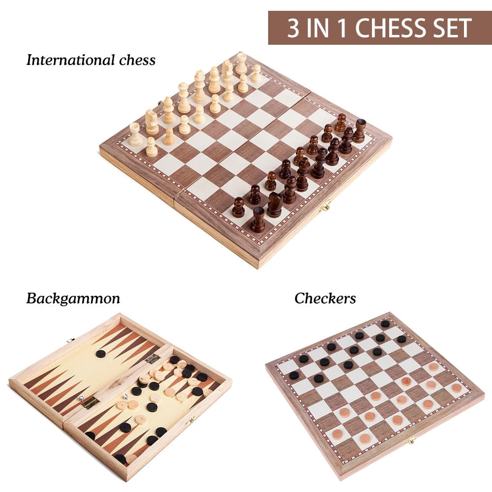 Yajisi 3-in-1 Multifunctional Wooden Chess Set, Folding Portable Travel Game Set, Chess Checkers Backgammon, 11.8x5.9x2.0in