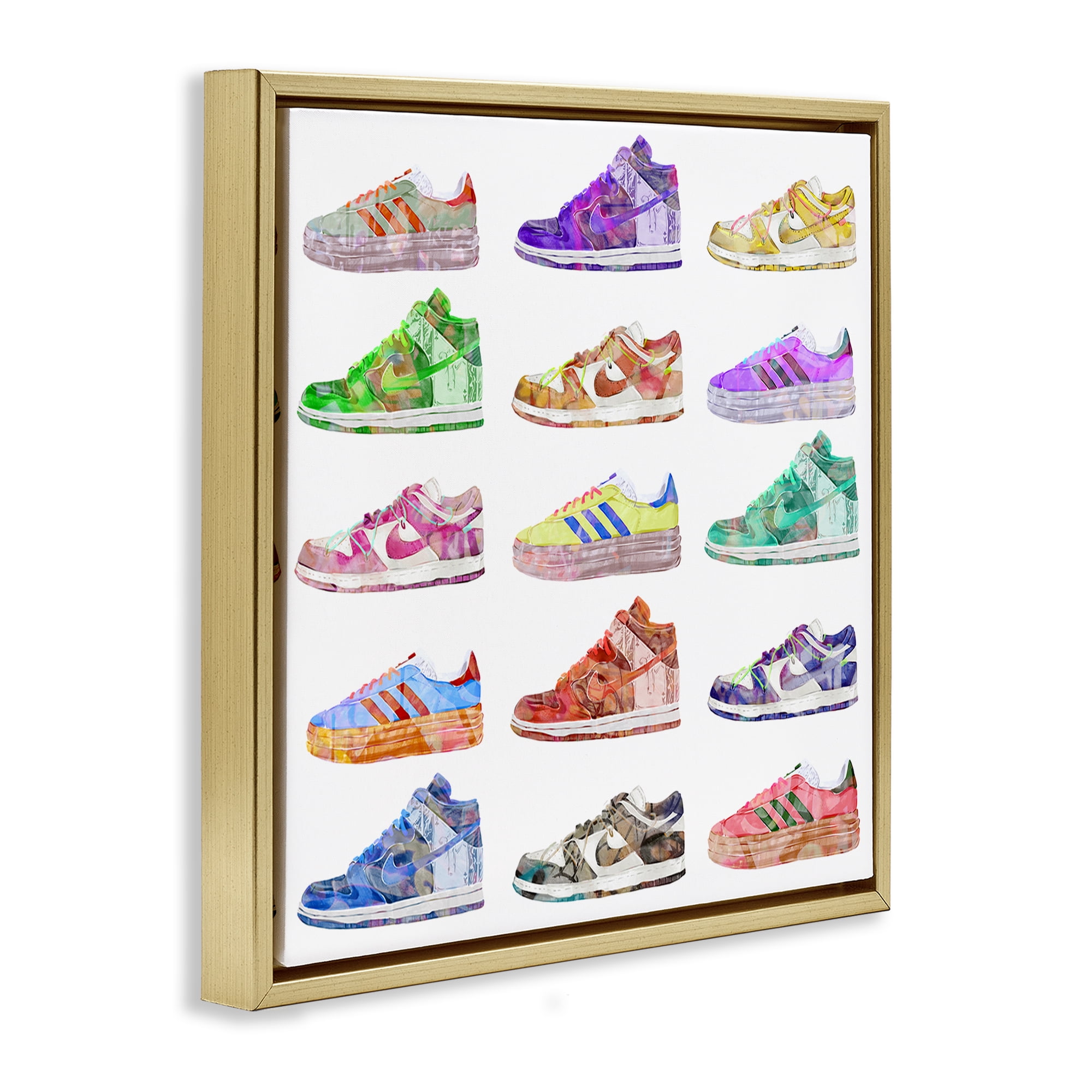 Stupell Industries Modern Sneakers Array Fashion Painting Gold Floater Framed Canvas Art Print Wall Art, 25 x 25