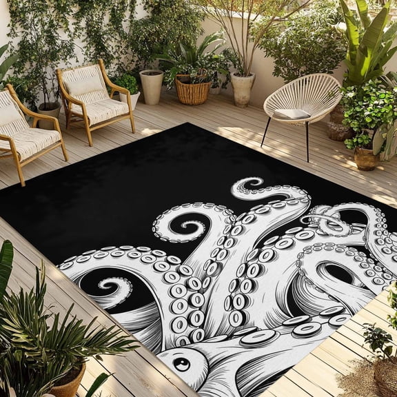 Black White Octopus Outdoor Rug for Patio/Deck/Porch, Non-Slip Large Area Rug 3 x 5 Ft, Coastal Ocean Animals Nautical Indoor Outdoor Rugs Washable Area Rugs, Reversible Camping Rug Carpet Runner