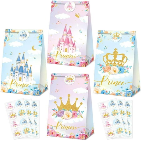 32 pcs Princess Prince Favor Bags Princess Crown Castle Party Bags include 4 Style Sticker Handles Candy Goodie for Gender Reveal Bridal Shower Wedding Supplies
