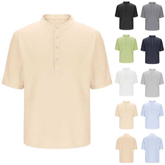 TAGOLD Mens Summer Short Sleeve Stand Collar Blouse & Shirt Solid Color Half Button Top