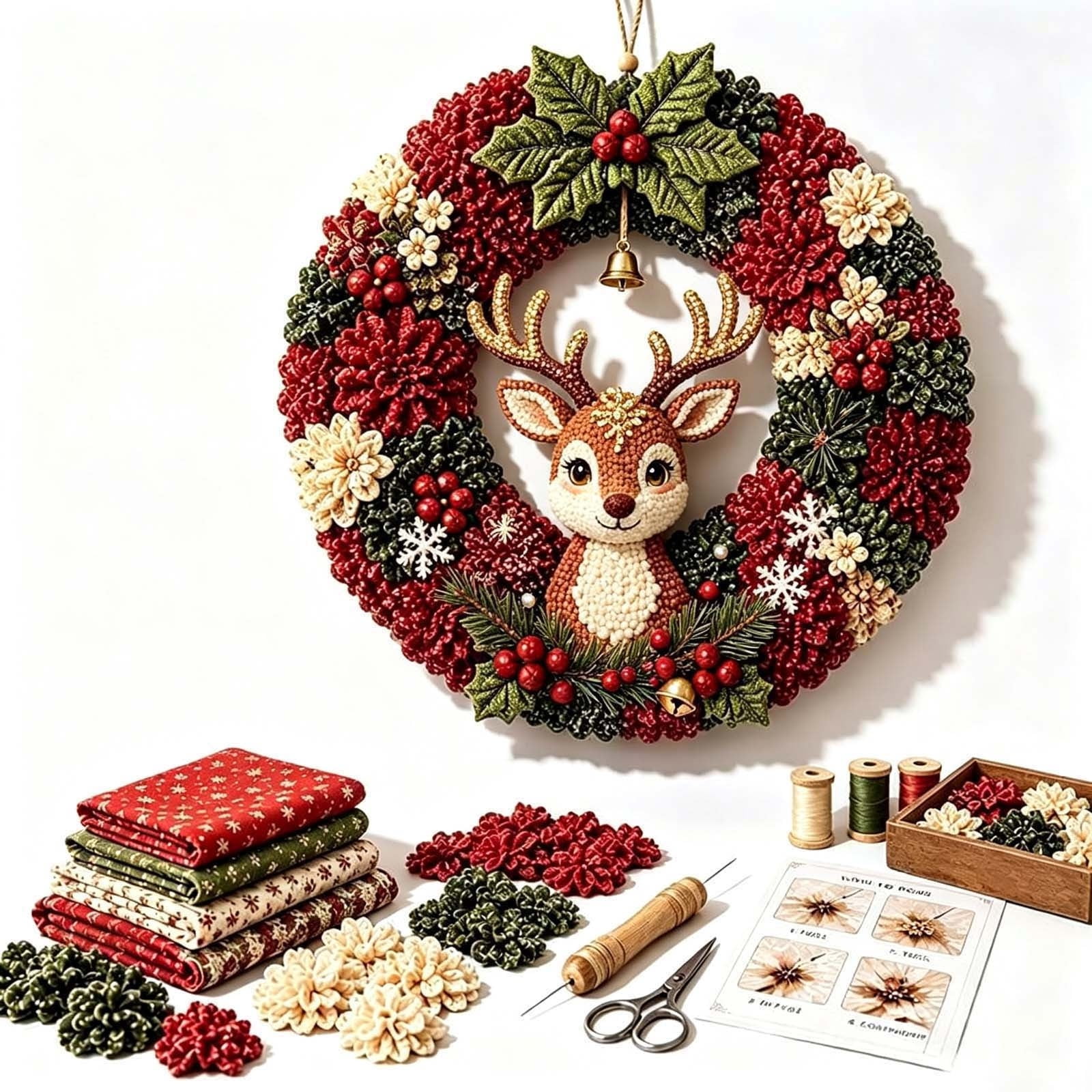 MORVLIX DIY Christmas Bead Wreath Making Kit Reindeer Bead Ornaments Complete Craft Supplies With Instruction Manual for Front Door Wall Fireplace Holiday Decor(A)