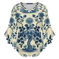 thumbnail image 5 of Beautiful Vintage Blue Chinoiserie Toile Women's V-Neck Blouse With 3/4 Ruffled Bell Sleeves Casual Top Ladies Blouses, 5 of 7