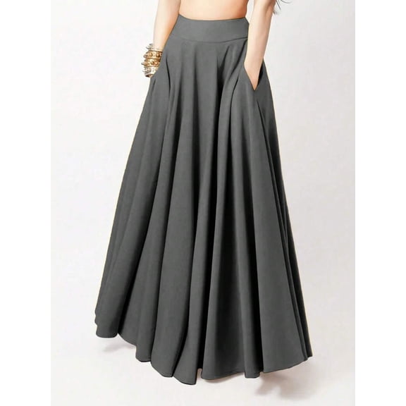 Womens Dark Grey Flowing Maxi Skirt A-Line Casual Solid Color