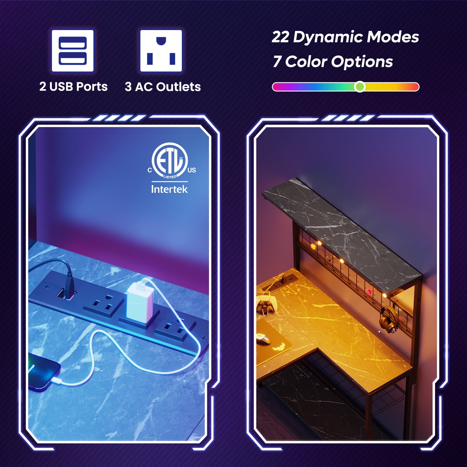 Bestier 42 inch Gaming Desk with LED Lights & Power Outlet, Reversible L Shaped Computer Desk with Hutch & Storage Shelves, Black Marble