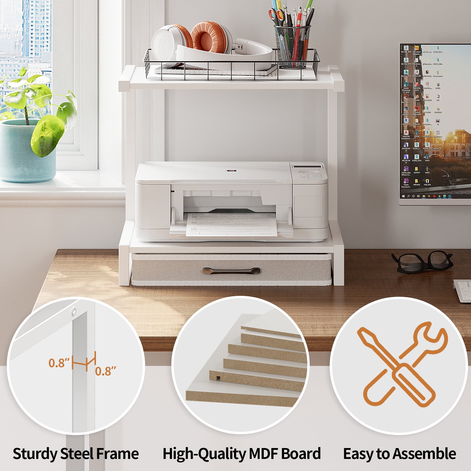 MIN EN WIN 2-Tier Monitor Stand Riser with Fabric Drawer, Sturdy Desk Organizer for Adult Home Office