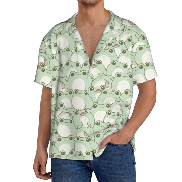 Fotbe Cute Frog Camisa Estampada de Manga Corta para Hombre, Casual de Verano, Estilo Playero, Sin Arrugas-4X-Large