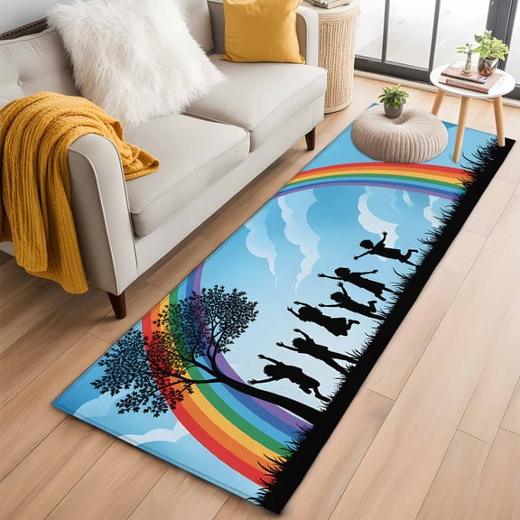 Colorful 2'x6' Runner Rugs for Hallway Kitchen Bedside Non Slip Washable, Blue Black Silhouettes Abstract Tree Entryway Rug Runners with Rubber Backing, Long Carpet Runner for Laundry Room