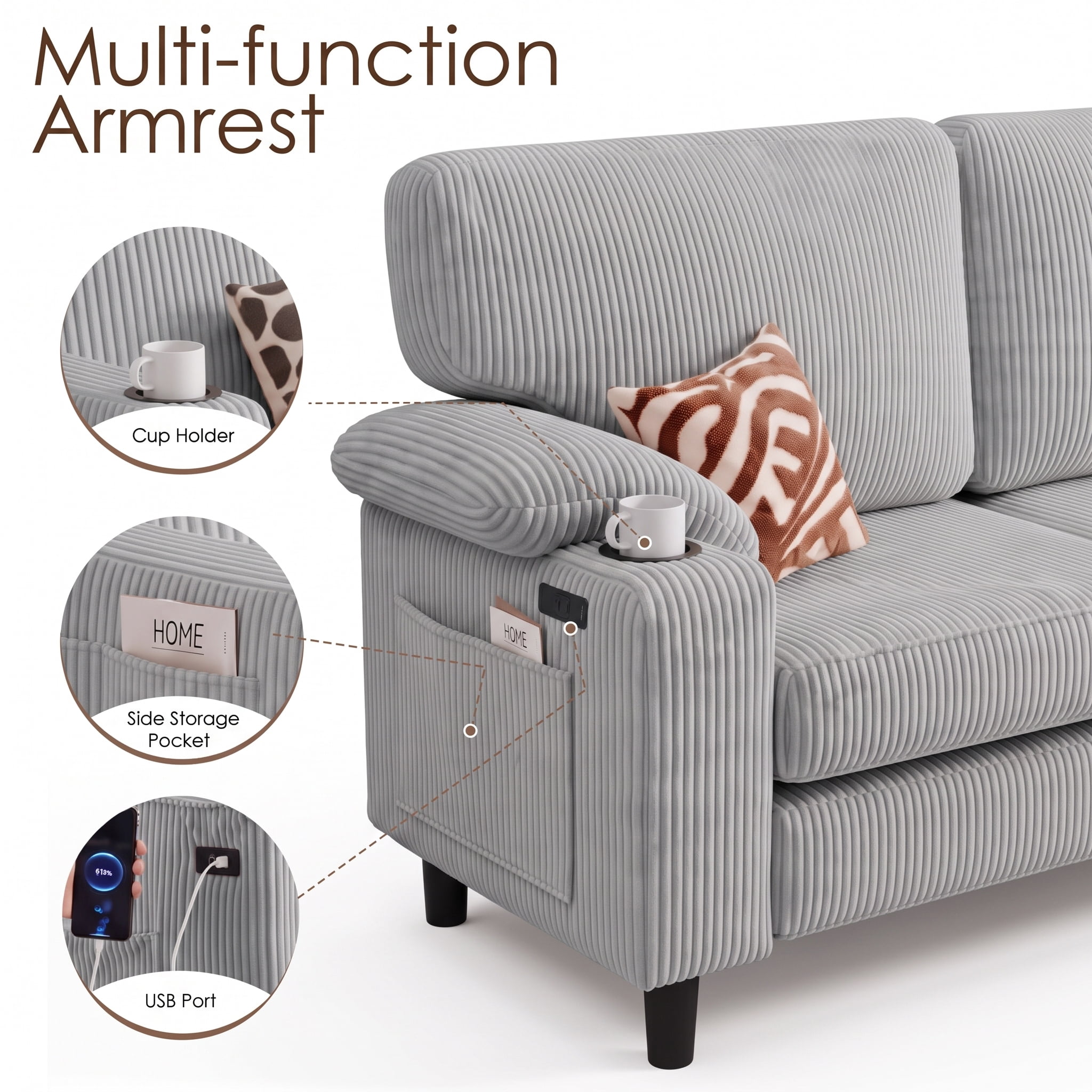 Xiweot 80" L Shaped Sectional Sofa, 3 Seater Convertible Couch with Storage Ottoman, Charging Ports & Cup Holders, Corduroy Comfy Upholstered Sofa for Living Room Apartment, Light Gray
