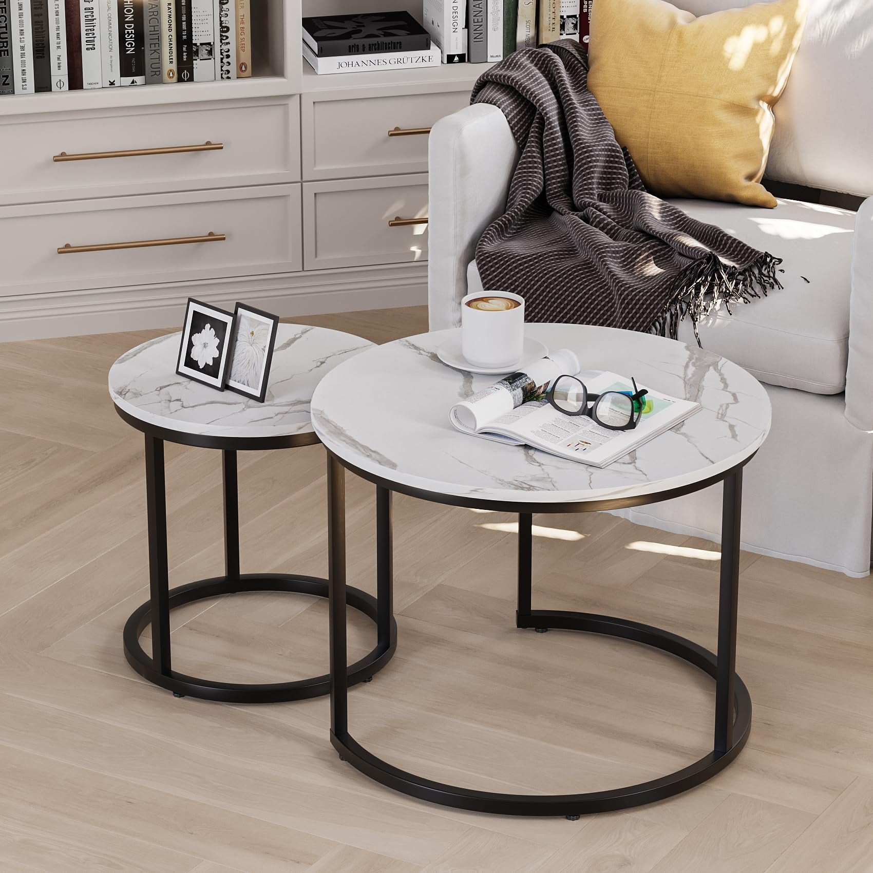 Semiocthome Modern Nesting Coffee Table Set,End Table for Living Room, 23.6" W, White,Marble Pattern