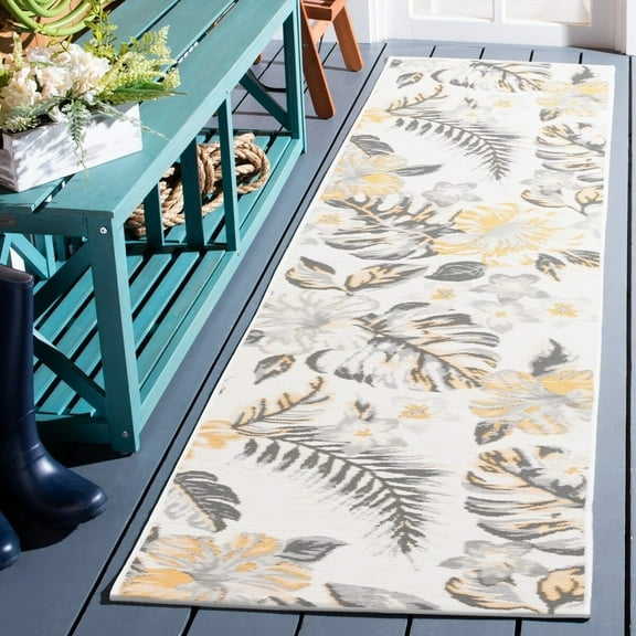 SAFAVIEH Sunrise Cole Floral Reversible Indoor/Outdoor Runner Rug, Ivory/Grey Gold, 2' x 8'