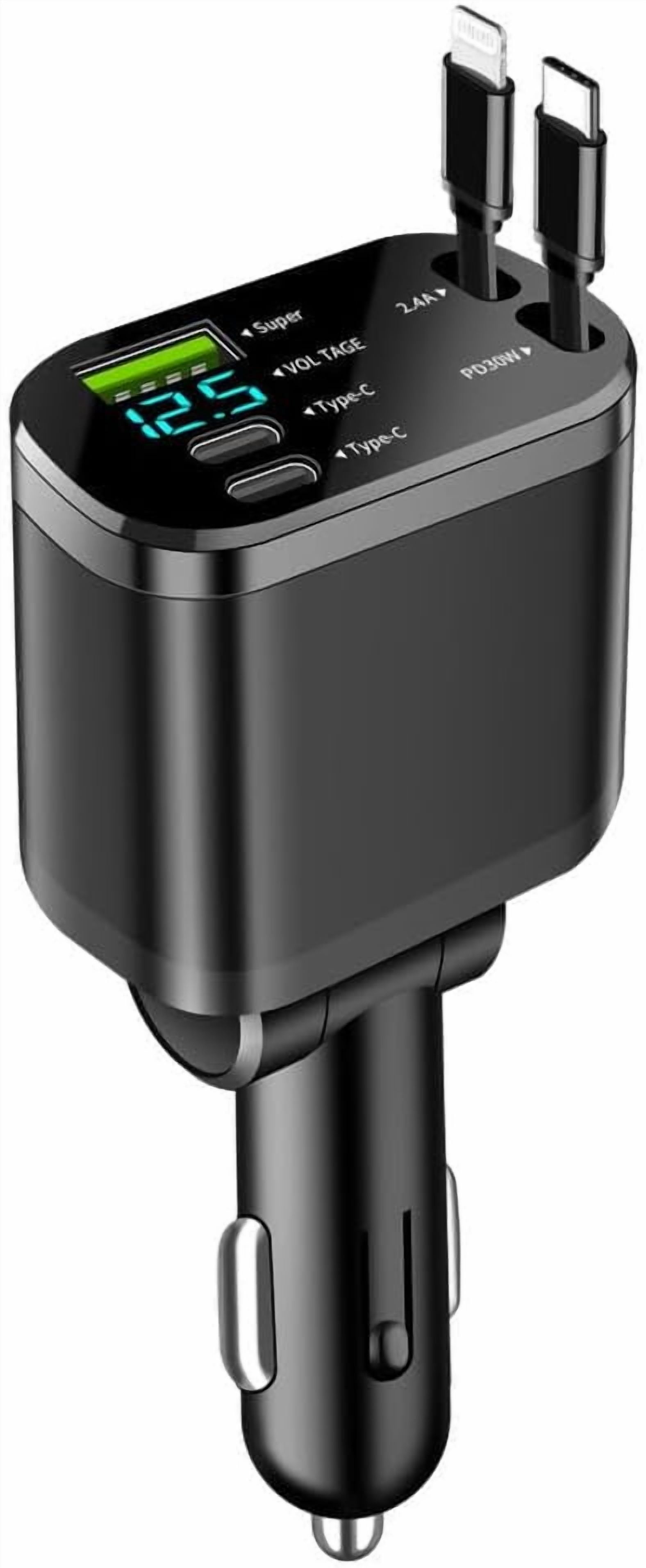 MHAWBL-90W Multi-Port Car Charger with Voltage Detection, Super USB-A +2C Fast Charging with Cable L2.4A +PD30W Retractable Cable for iPhone15/16, Compatible with iPhone/Samsung/Android/iPad and More