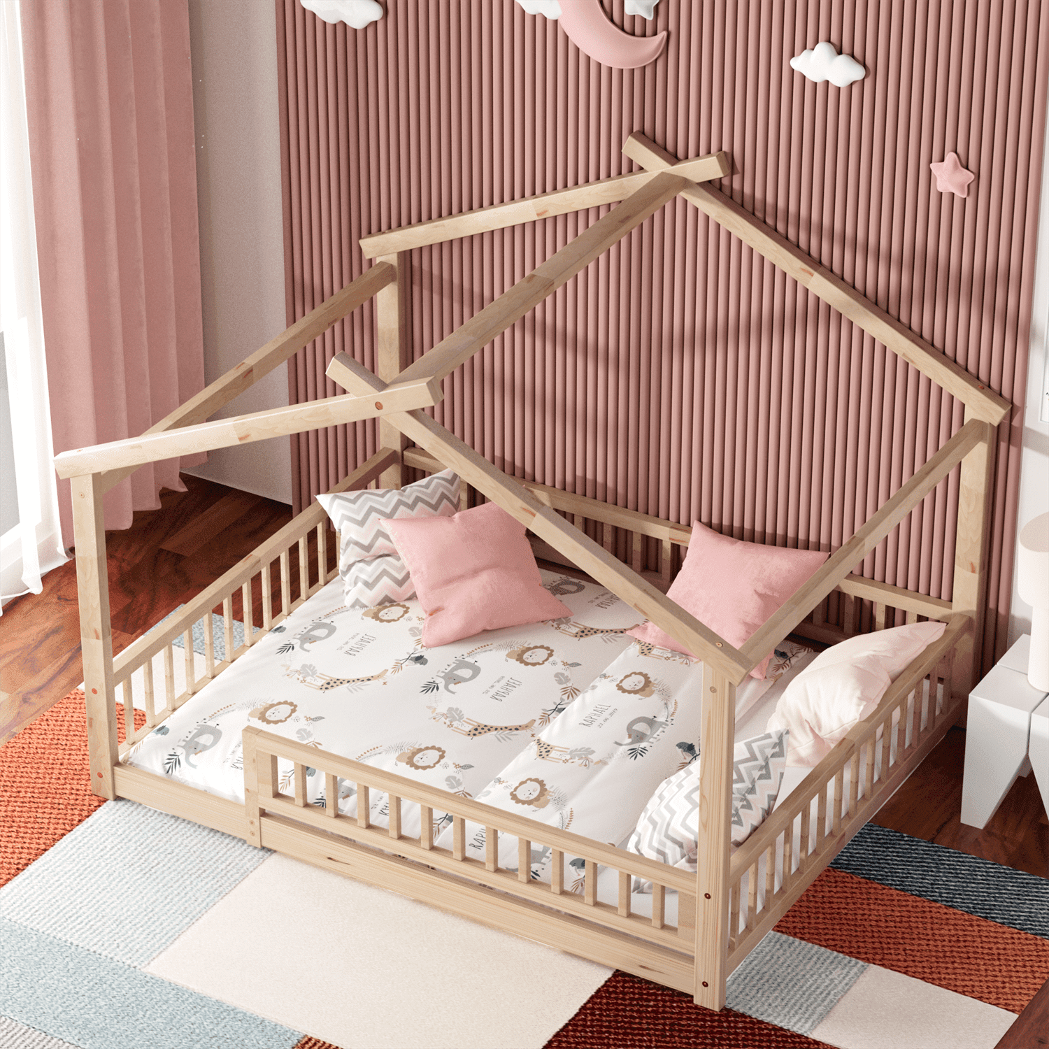 Full Size House Floor Bed with Roof, Wooden Montessori Floor Bed Frame with Safety Fence and Wooden Slats, Montessori House Floor Bed for Boys and Girls, Natural