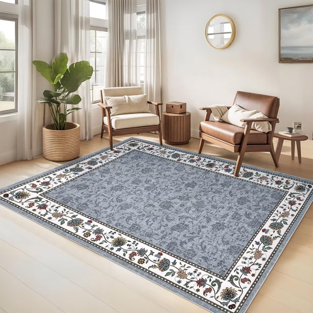 10x13 Area Rug for Living Room Washable Vintage Floral Pattern Large Bedroom Rug Indoor Modern Geometric Bordered Rug Soft Non-Slip Under Table Carpet for Dining Room Apartment Office, Grey