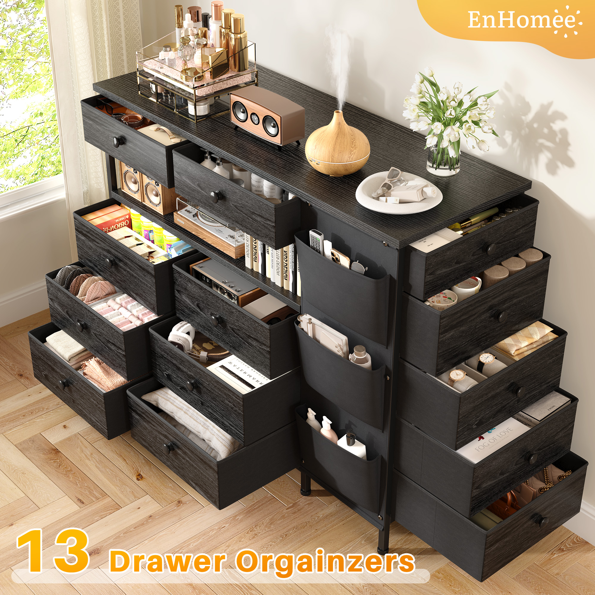 EnHomee Dresser for Bedroom with 13 Drawers and LED Lights Black Dressers & Chests of Drawers Fabric Dresser for Closet,43.3"L x 11.8"W x 40.2"H