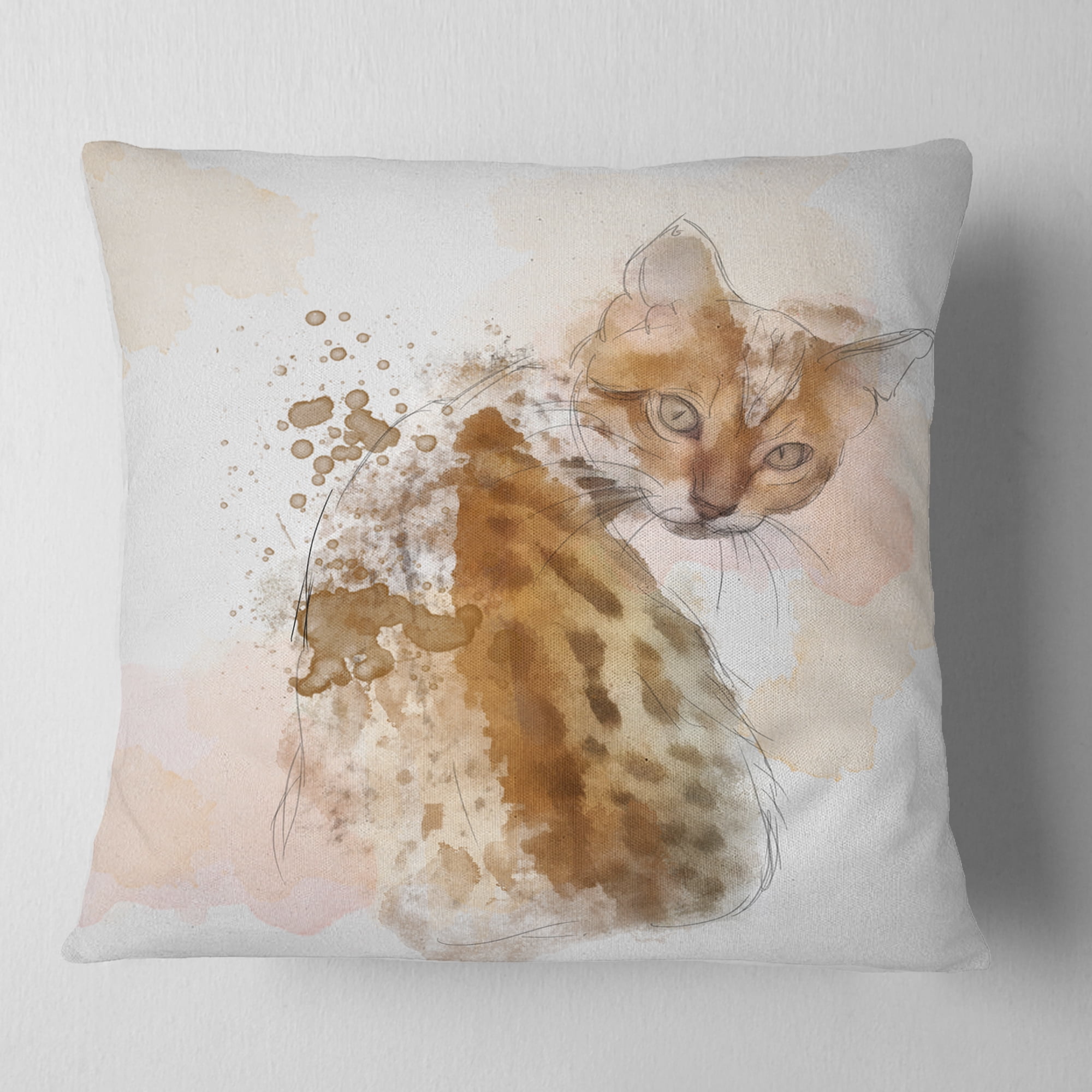 Designart Cute Cat Sketch with Brown Splashes - Animal Throw Pillow - 16x16