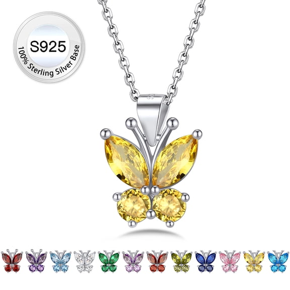 Bestyle Sparkle Butterfly Necklace Women Pure Sterling Silver November Birthstone Yellow Topaz Pendant Birthday Mother's Day Gifts for Wife Mom Daughter