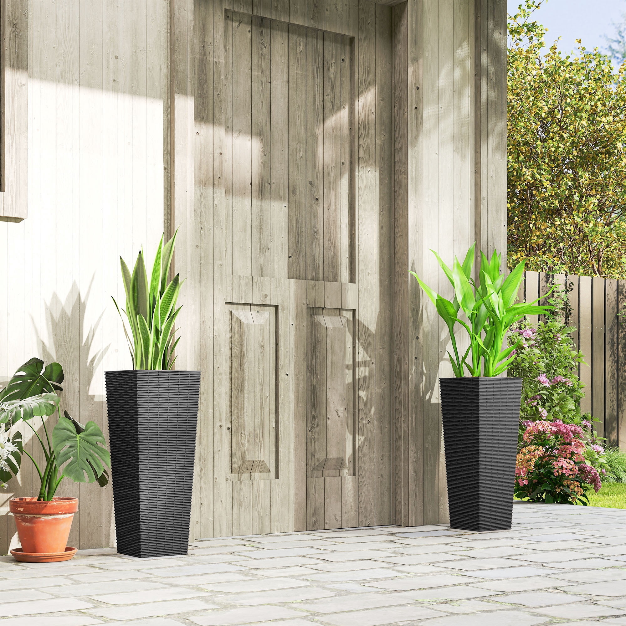 23.6 Inch Tall Planters for Outdoor Plants, Set of 2 Plastic Flower Pots with Drainage Holes, Black