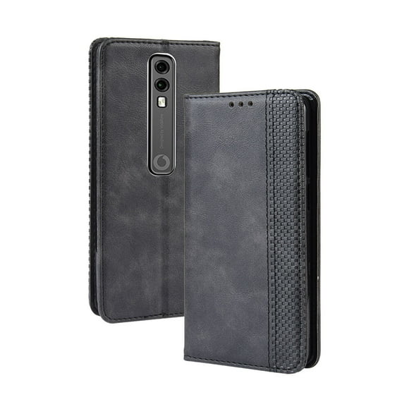 Compatible with Vodafone Smart V10 Case Magnetic Closure Vintage Pattern PU Leather Wallet Cover with Card Slots-Black