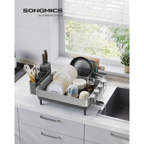 Expandable Dish Drying Rack, Stainless Steel Dish Dryer with Rotatable Spout, Utensil/Cup/Cutting Board Holder, Adjustable Drainage, Silver & Gray