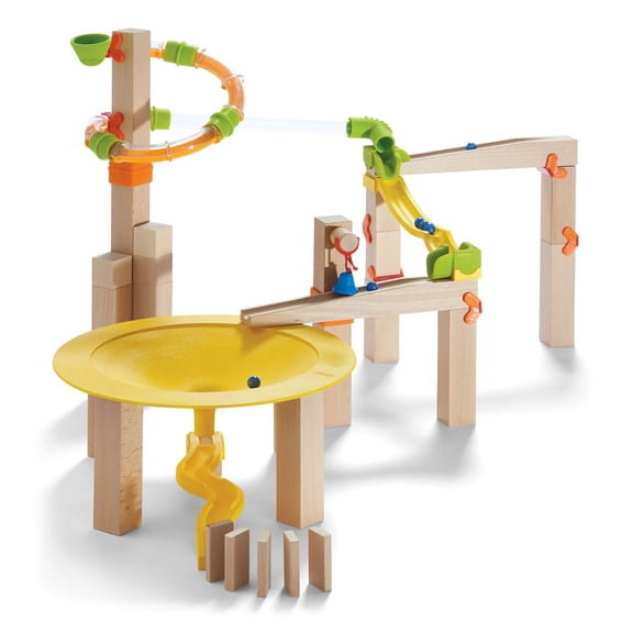 HABA Wooden Marble Run Ball Track Funnel Jungle Set, STEM Toy for 4-12 Year Olds, Wooden Marble Race Track with Adjustable Speed Tubes
