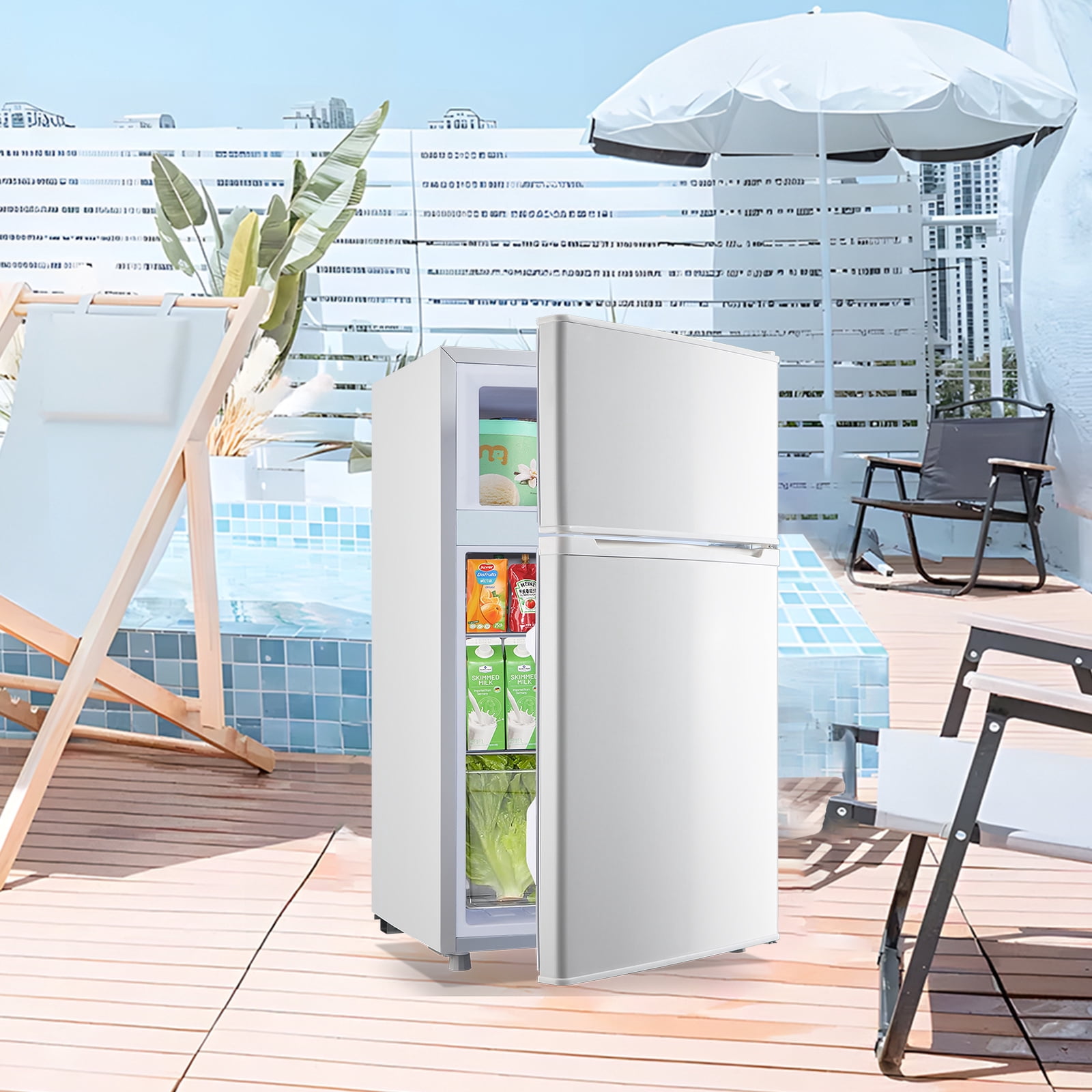 JIEJIA 3.5 Cu.ft Two Door Mini Refrigerator with Freezer, Compact Small Fridge Adjustable Removable Shelves, White