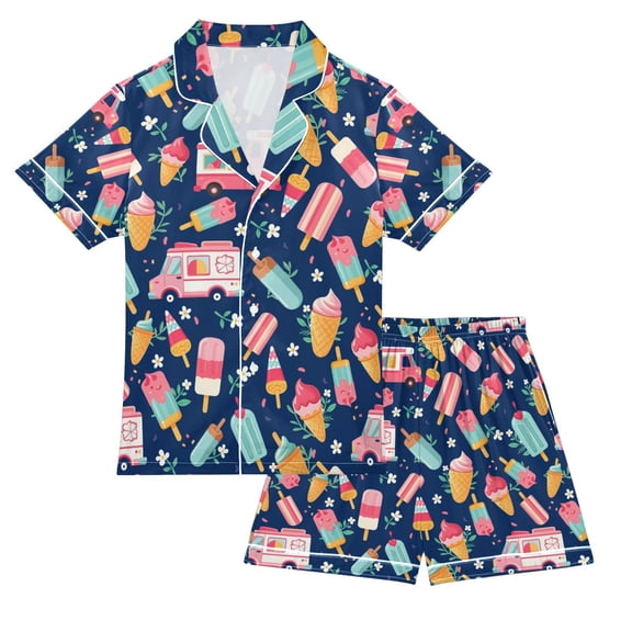 FORMRS Niños Short Sleeve Top and Pants Pajama Set Unisex Satin 2-Piece Sleepwear, Sizes 5-6Y, Pink Cartoon Truck Pattern