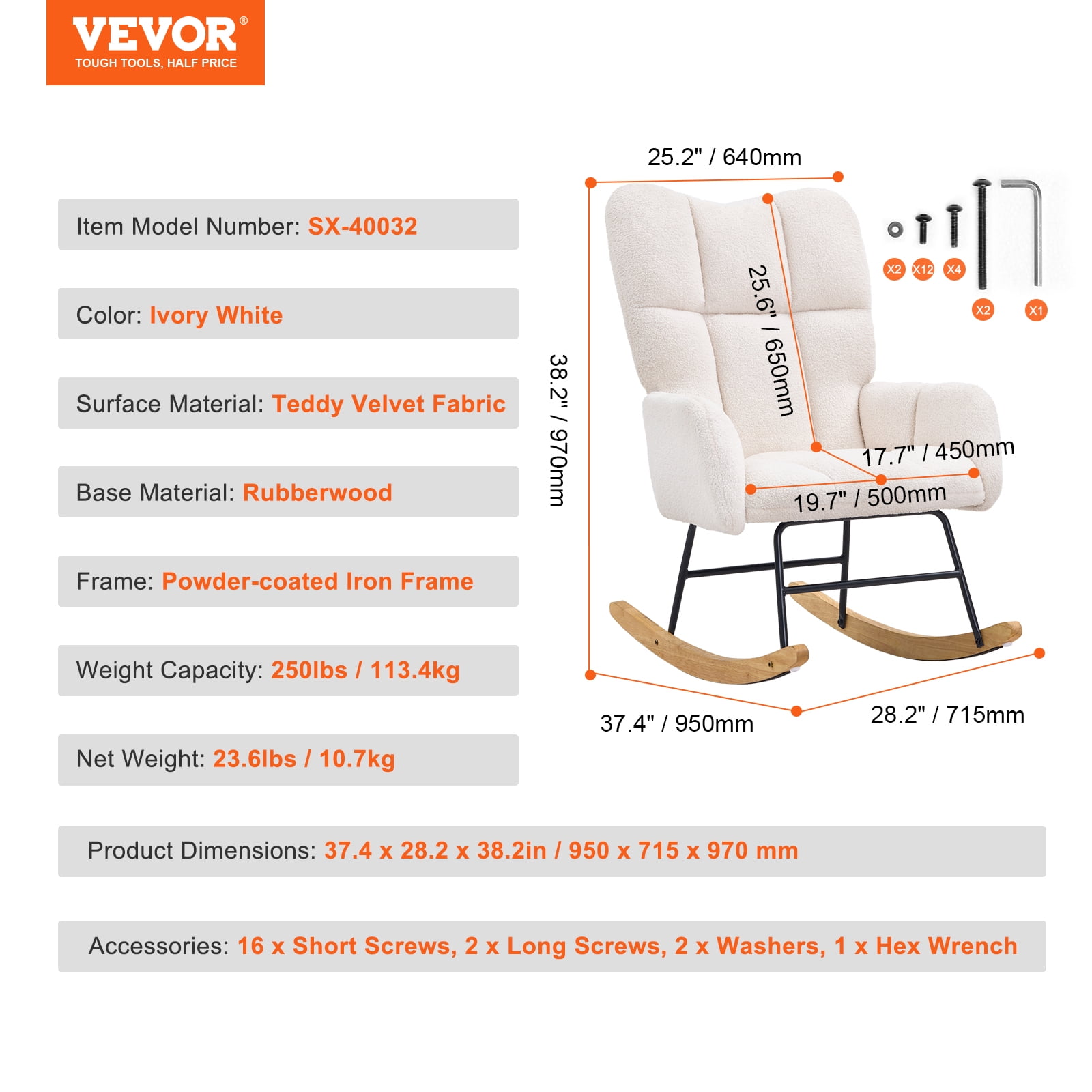 VEVOR Rocking Chair Nursery, Glider Rocking Chair with Soft Seat and High Backrest, 250 lbs Weight Capacity Teddy Fabric, Upholstered Glider Rocker Chair for Nursery, Bedroom, Living Room,Ivory White